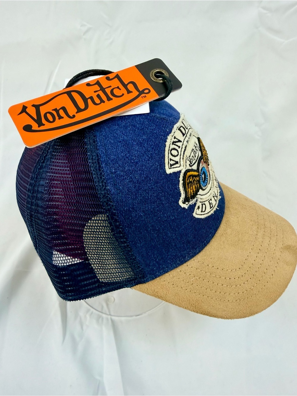 Von Dutch Dark Blue Denim/Khaki Suede Trucker Hat - NWT - Picture 3 of 5